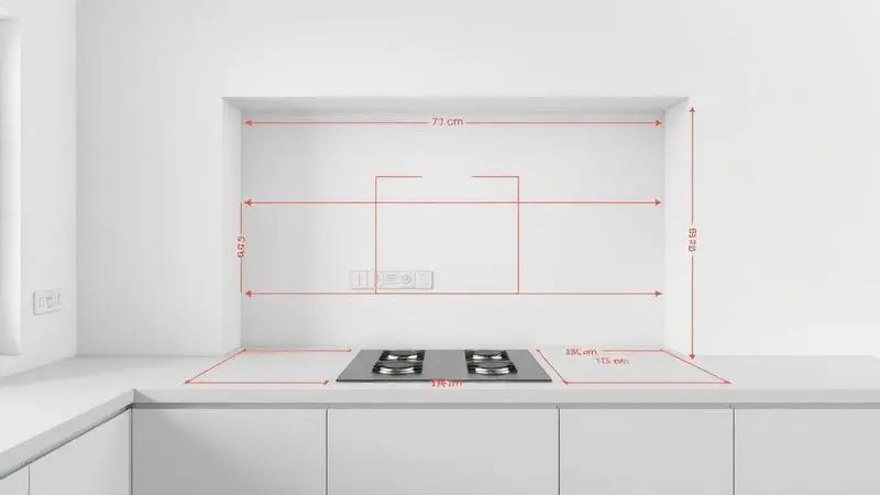 Render 3D mostrando o espaço e as dimensões necessárias em uma bancada para instalação de um fogão 5 bocas.