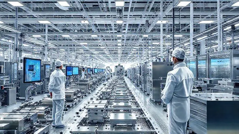 Renderização artística de uma fábrica moderna e automatizada, com linhas de montagem de eletrodomésticos, representando a qualidade da fabricação.