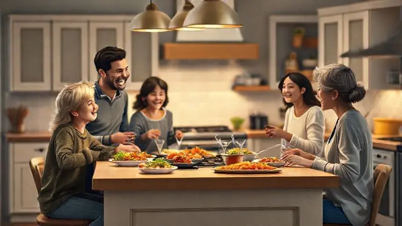 Ilustração realista de uma família satisfeita reunida na cozinha, transmitindo o sentimento de uma boa compra e qualidade de vida.