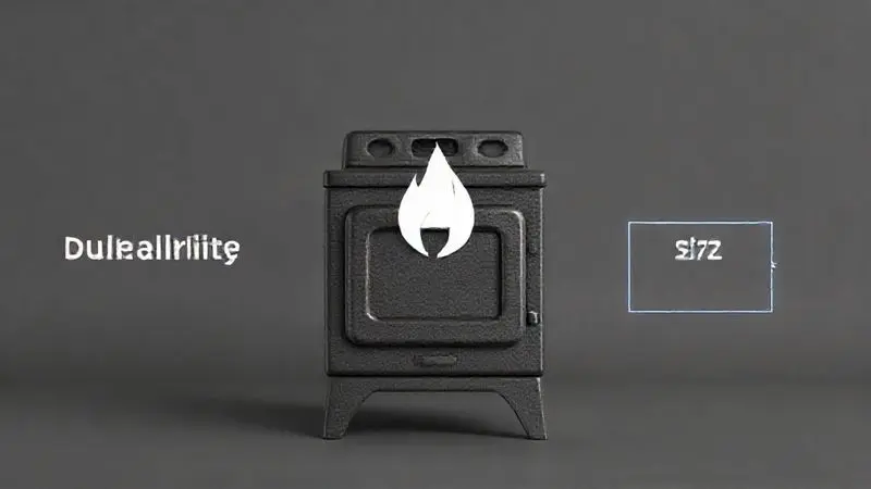 Render conceitual 3D mostrando durabilidade e fatores de escolha para um fogão industrial ideal.