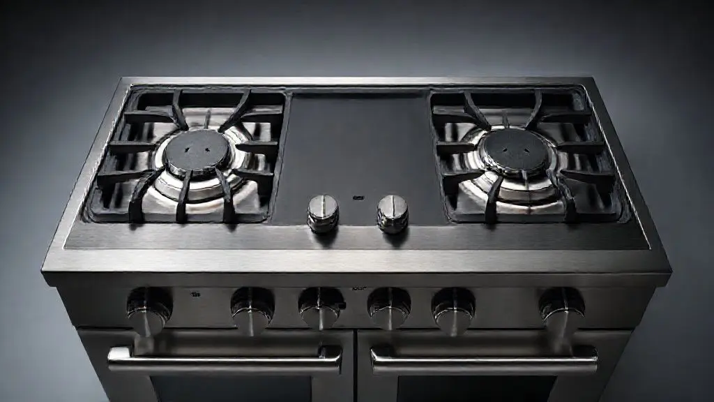 Fotografia profissional ultra-realista de um fogão 4 bocas moderno com acabamento em aço inox titanium e mesa de vidro, destacando design e tecnologia.