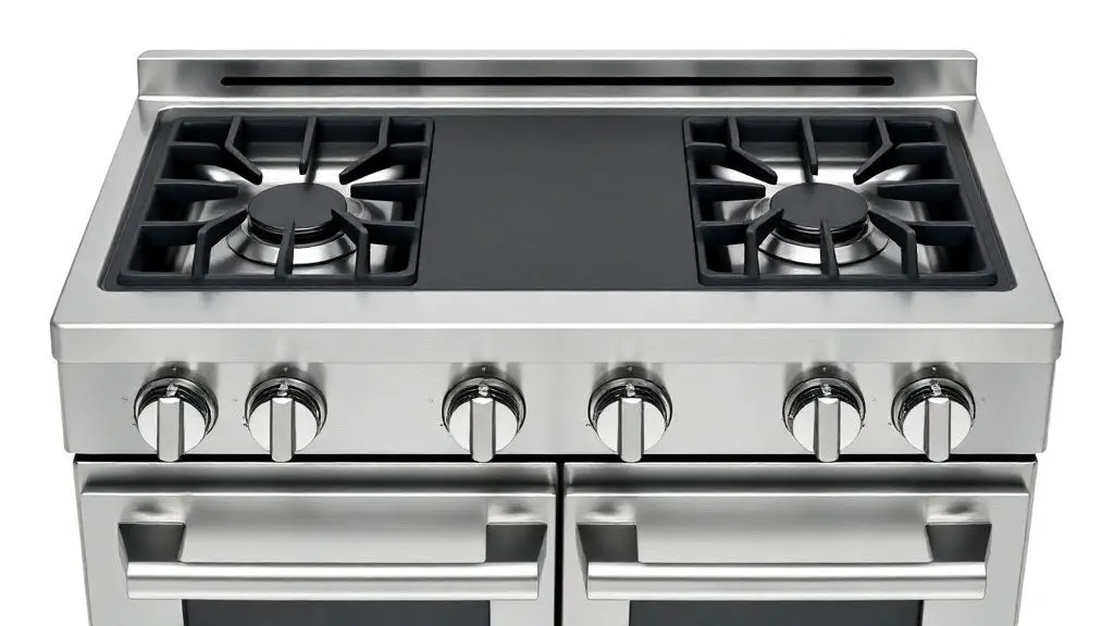 Fogão 4 bocas moderno de piso com mesa de inox e vidro, acabamento profissional e design simétrico para cozinhas contemporâneas.