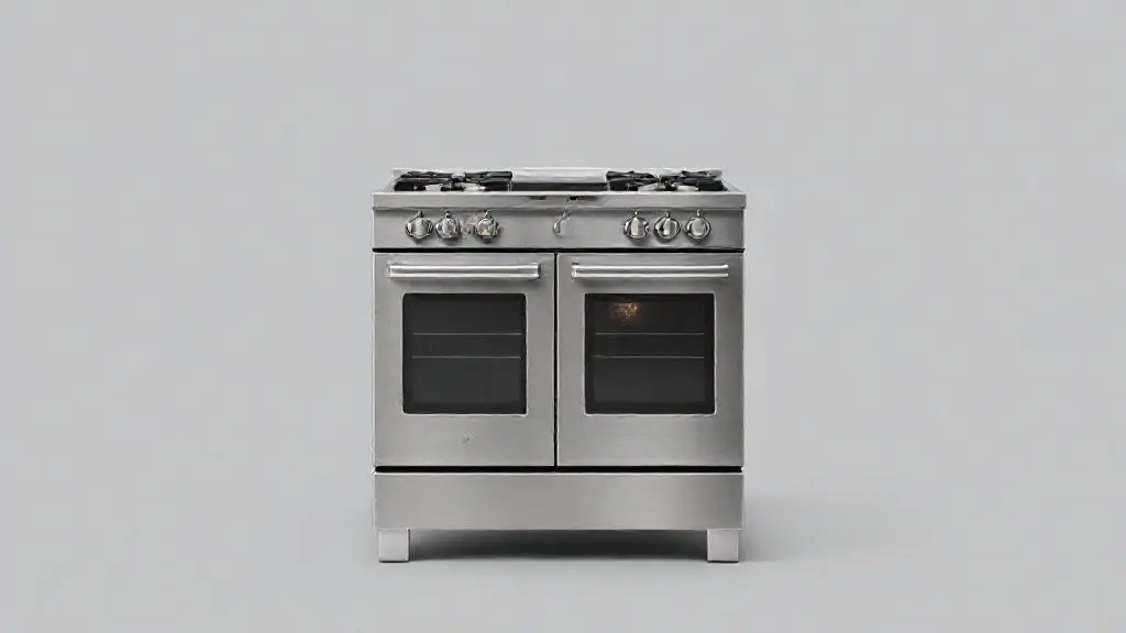 Fotografia de estúdio de um fogão 4 bocas moderno de piso em aço inoxidável, destacando o design e os queimadores.