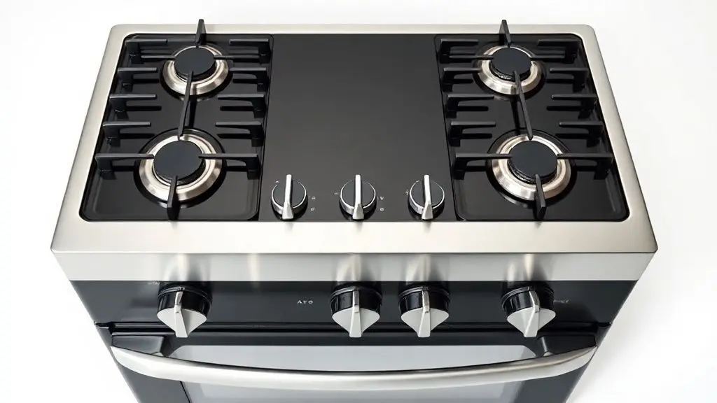 Foto profissional de fogão 5 bocas moderno com mesa de vidro e forno, ideal para cozinha planejada.
