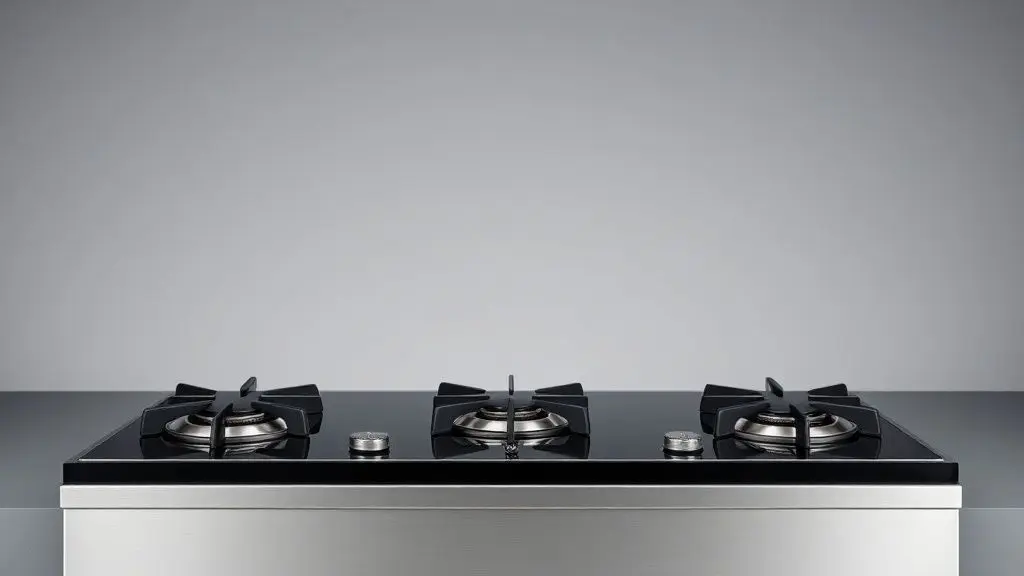 Imagem de destaque de um fogão 5 bocas moderno e sem marca, com mesa de inox e vidro preto, ideal para quem busca custo-benefício.