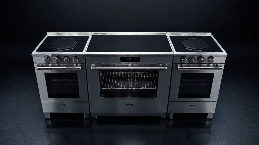 Fogão 5 bocas moderno com grill elétrico no forno, design em aço inoxidável e mesa de vidro, ideal para dourar e gratinar alimentos.