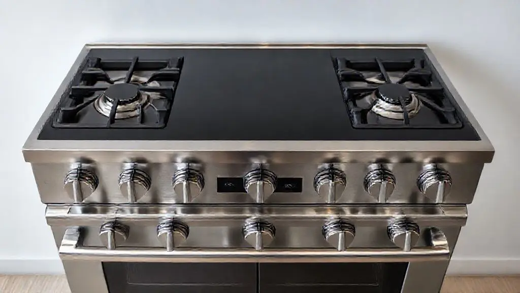 Fotografia de estúdio profissional de um fogão moderno de 5 bocas em inox com mesa de vidro, ideal para cozinhas grandes.