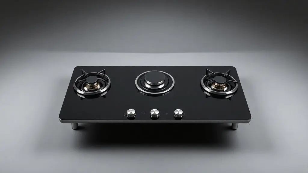 Fotografia ultra-realista de um fogão de 5 bocas com mesa de vidro preto, design moderno e acabamento profissional para análise de produto.