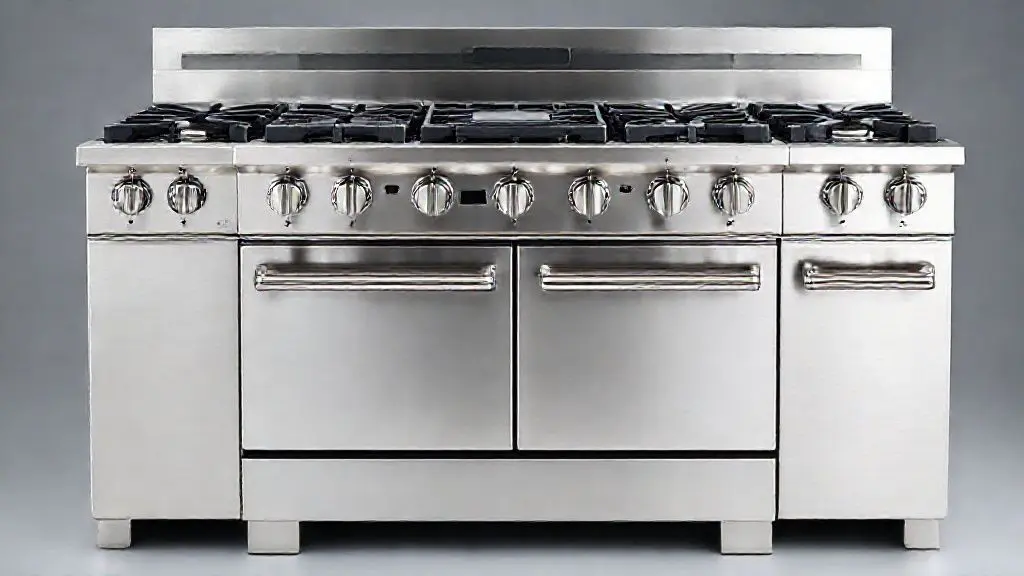 Fogão de 6 bocas moderno e premium em aço inoxidável, destacando o design, a capacidade e a eficiência para cozinhas amplas.