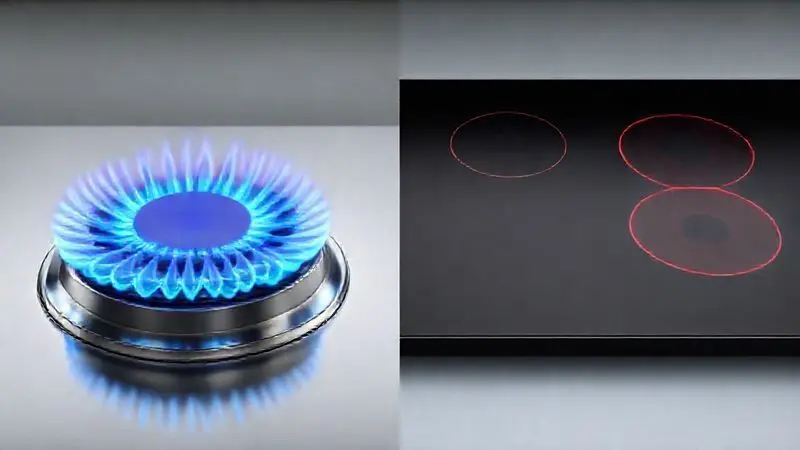 Ilustração comparativa de um lado um queimador a gás com chama e do outro um cooktop elétrico com resistência acesa.