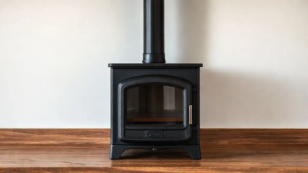 Fotografia de estúdio de um fogão a lenha moderno de ferro fundido, preto, com porta de vidro, destacando o design e a qualidade dos materiais.
