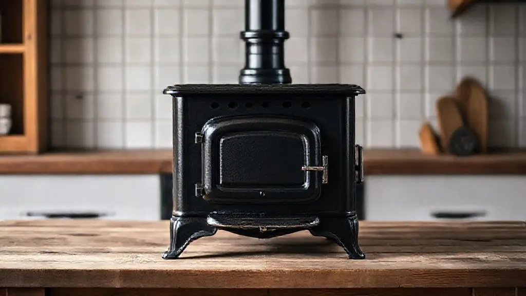 Fotografia profissional de um fogão a lenha tradicional de ferro fundido sem marca, destacando o design rústico e a qualidade do material.