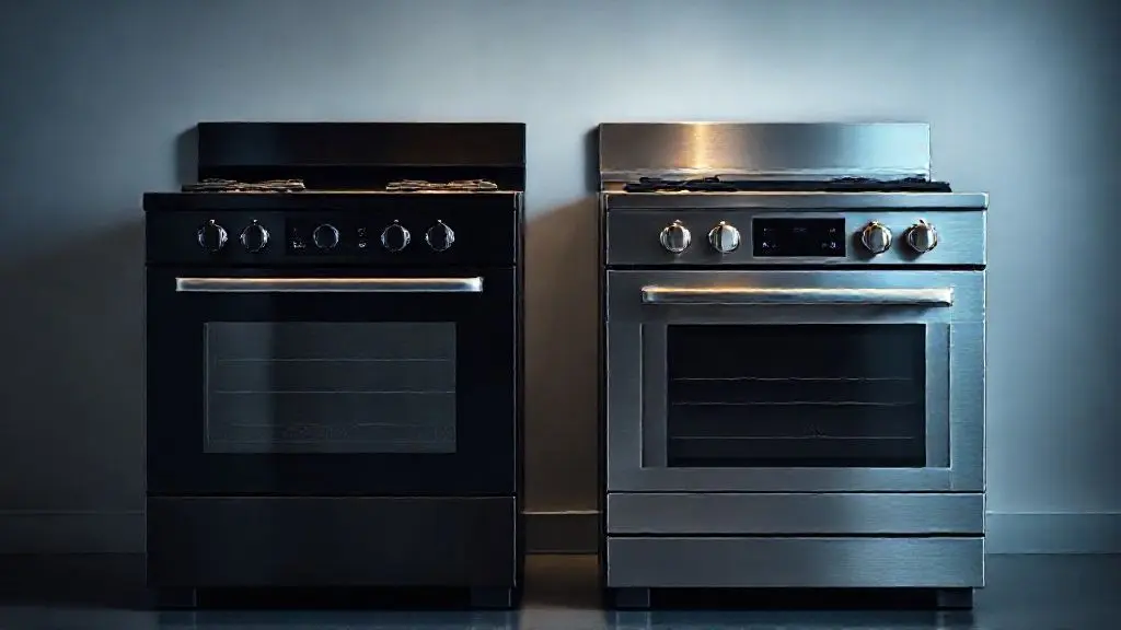 Comparativo profissional entre dois fogões modernos, um escuro e um de aço inoxidável, destacando design e acabamento.