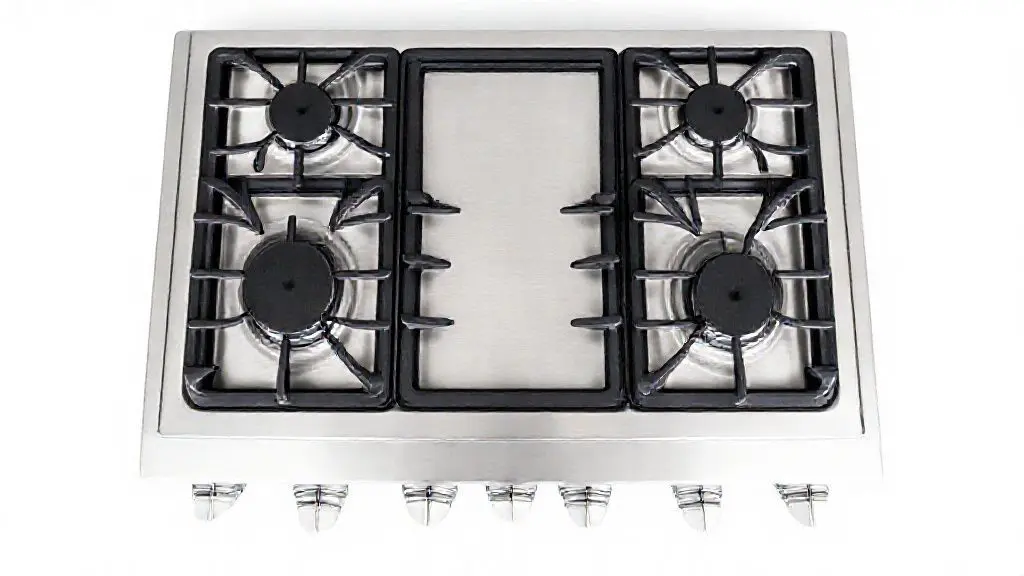 Fotografia profissional de um fogão moderno de 5 bocas em aço inoxidável, destacando design e durabilidade para cozinha.