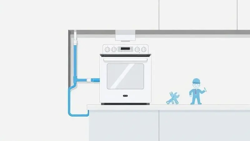 Ilustração técnica mostrando a conversão e conexão de um fogão ao sistema de gás encanado na parede da cozinha.
