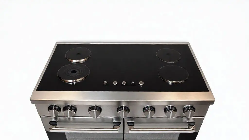 Fogão de piso moderno com 5 bocas, mesa de vidro preta e acabamento em aço inoxidável, ideal para cozinhas contemporâneas.