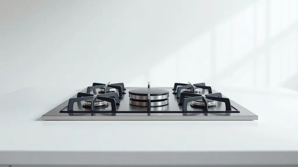 Fotografia de estúdio ultra-realista de um fogão de piso moderno em aço inoxidável e mesa de vidro, destacando o design elegante e profissional.