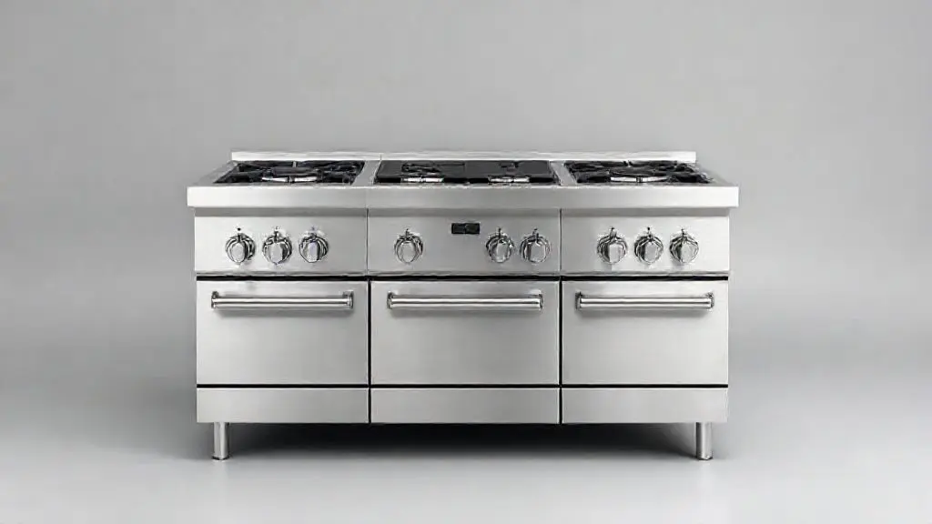 Fotografia profissional de um fogão moderno de piso em inox com 6 bocas, destacando o design elegante e a qualidade da construção para cozinhas.