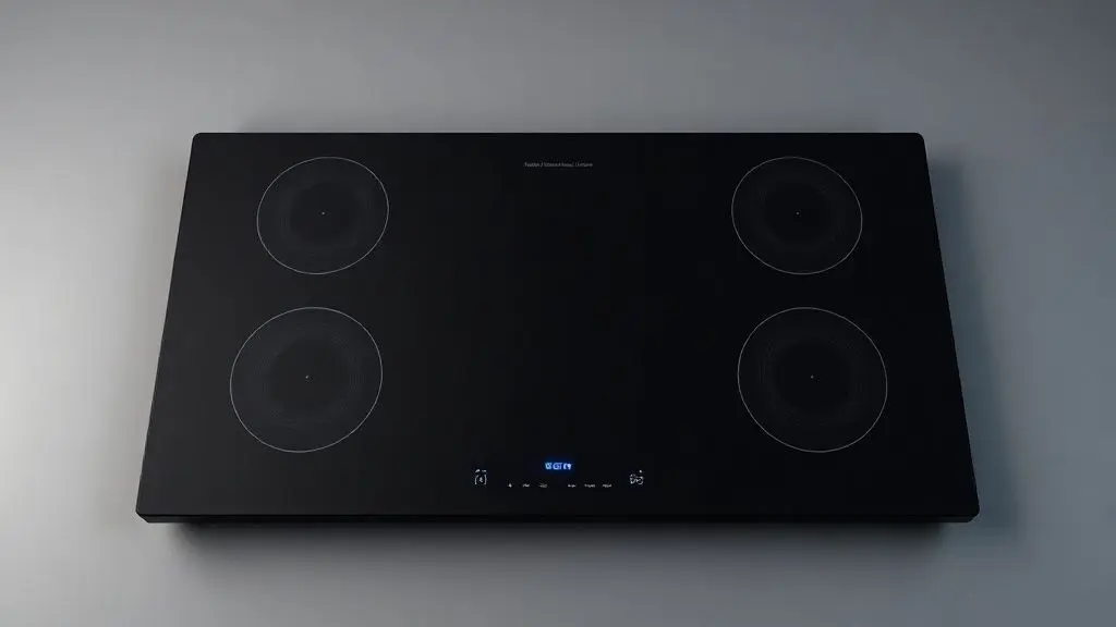 Fotografia profissional de um cooktop de indução preto moderno e elegante, destacando a superfície de vidro e zonas de cozimento ativadas.