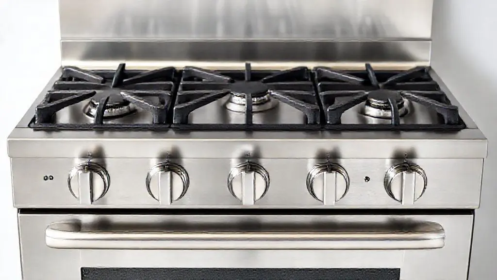Fogão de piso moderno em aço inoxidável com 5 bocas e forno, ideal para cozinhas contemporâneas, com alta durabilidade e design sofisticado.