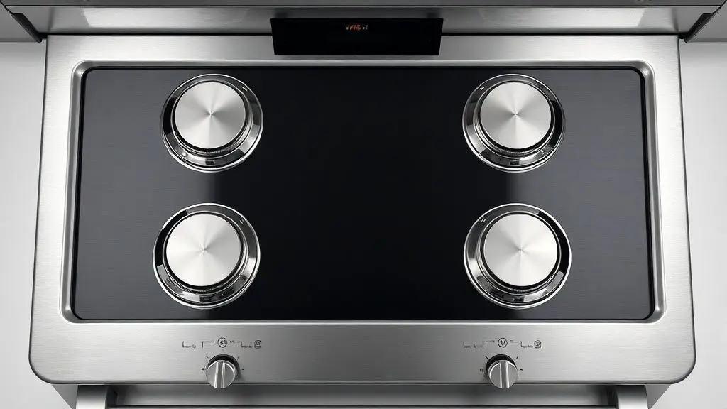 Fogão de embutir 4 bocas moderno, em aço inoxidável e cooktop de vidro, com iluminação de estúdio profissional e design clean para cozinhas planejadas.