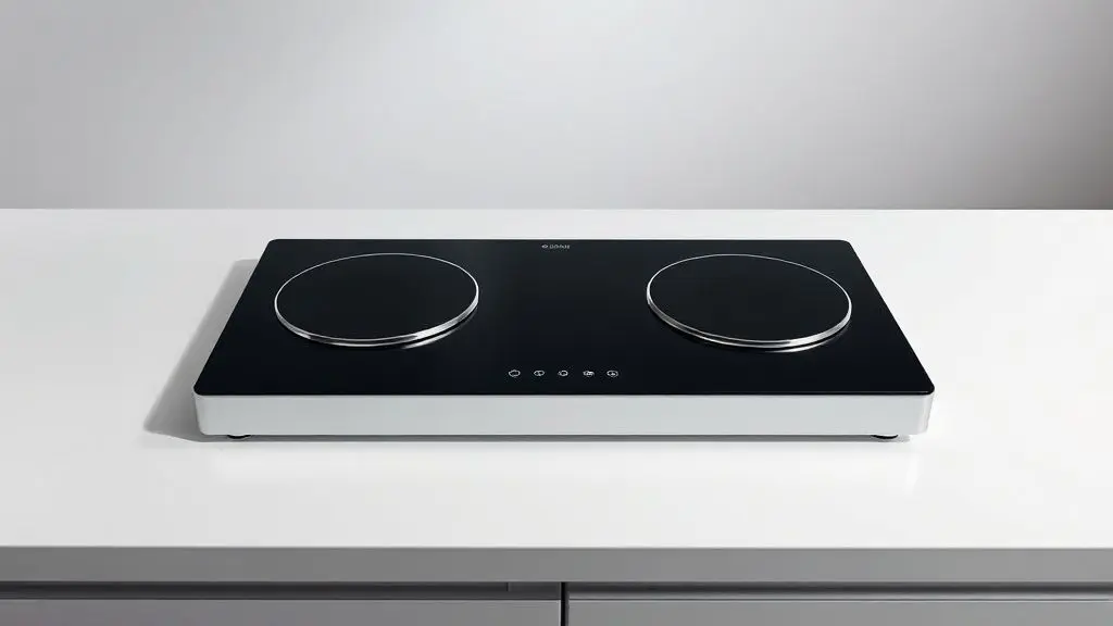 Fogão de indução moderno e preto com dois queimadores, em bancada de estúdio, destacando seu design elegante e minimalista.