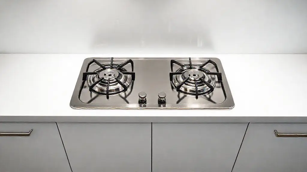 Fotografia profissional de um fogão industrial de 2 bocas em aço inox, ideal para cozinhas comerciais e restaurantes compactos.