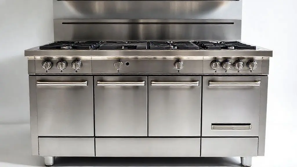 Fotografia profissional de fogão industrial de 4 bocas com forno, em aço inoxidável e trempes de ferro fundido, ideal para cozinhas profissionais.