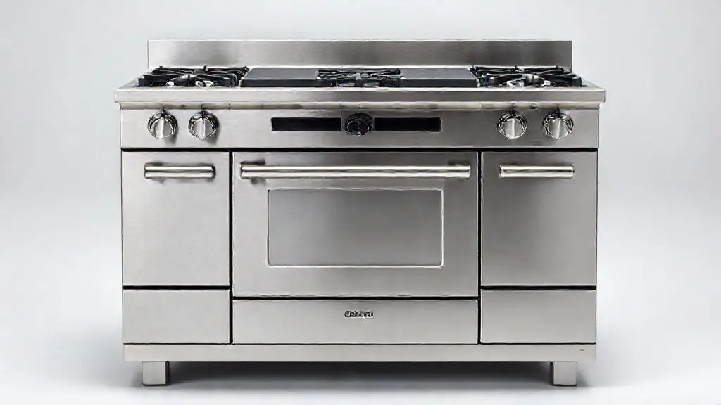 Fotografia profissional de um robusto fogão industrial de 6 bocas em aço inox com forno, ideal para cozinhas profissionais e restaurantes.