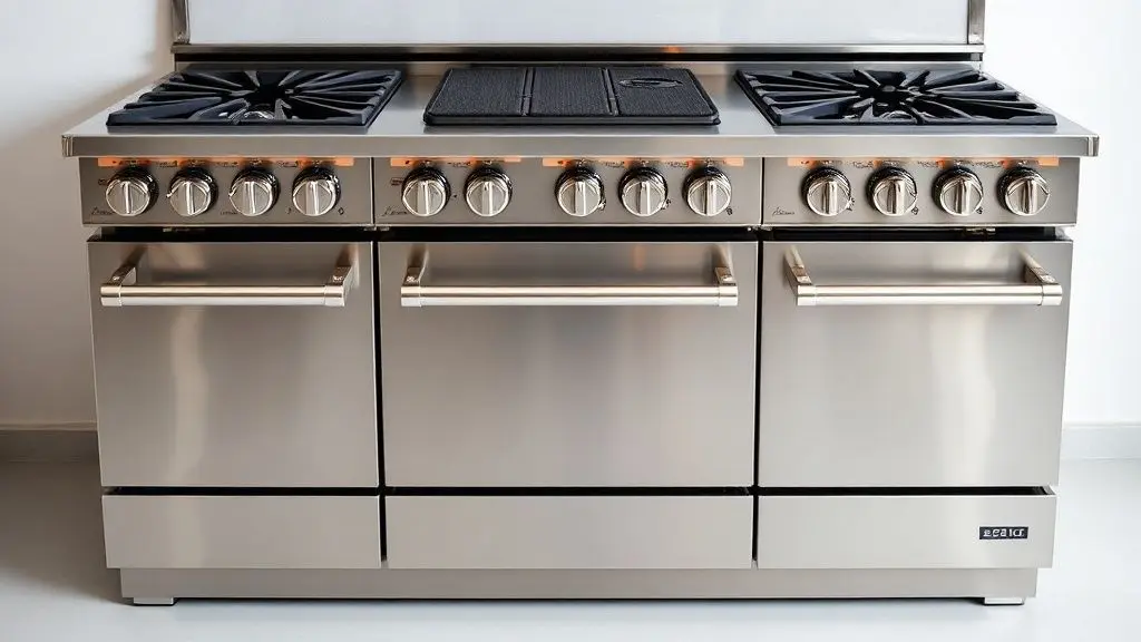 Foto profissional de um fogão industrial moderno de seis bocas com forno em aço inox, destacando durabilidade e design para cozinhas profissionais.