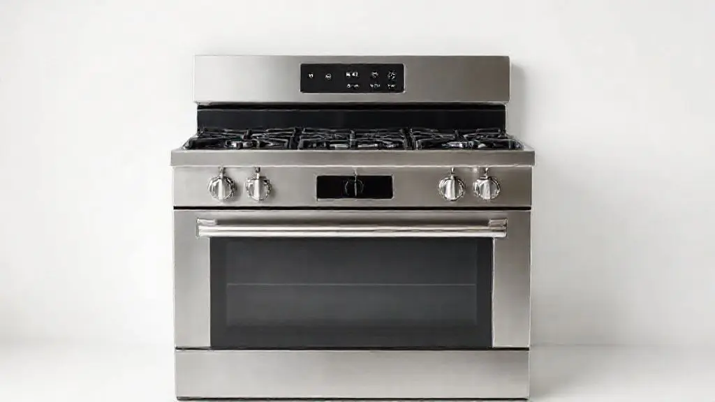 Fotografia profissional de um fogão moderno de inox e vidro, com iluminação de estúdio, destacando o design e a qualidade do eletrodoméstico de cozinha.