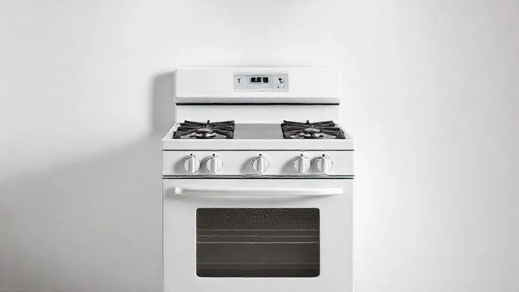 Fogão de piso 6 bocas branco em estúdio com iluminação profissional, destacando a superfície de cocção e o puxador do forno.