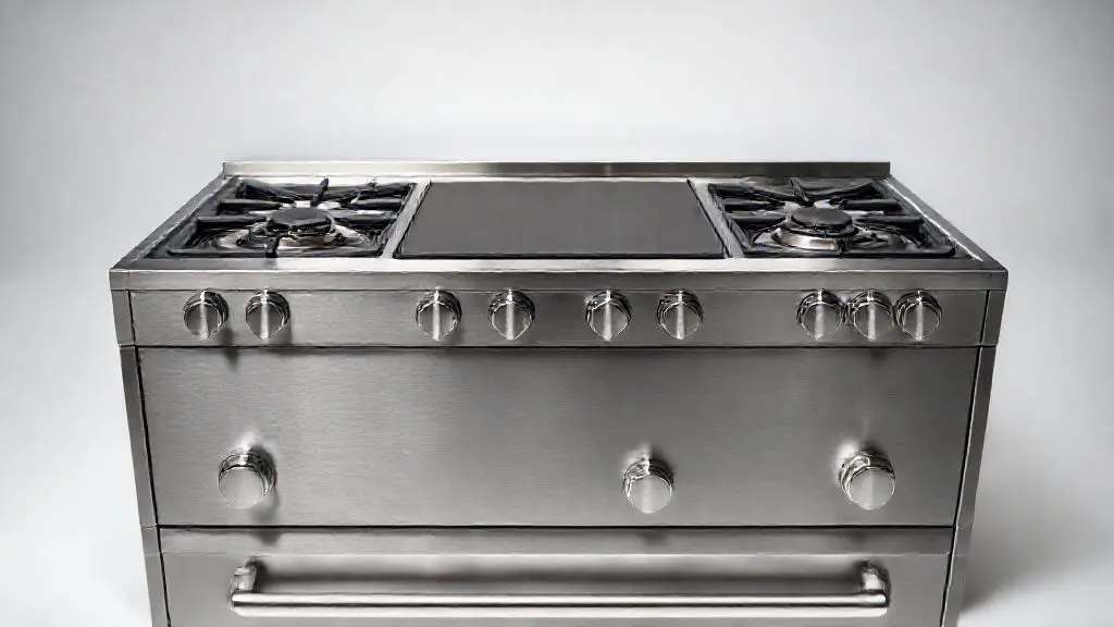 Fogão moderno de cozinha em aço inoxidável com 4 bocas, design clean e profissional, ideal para análise de qualidade e custo-benefcio.