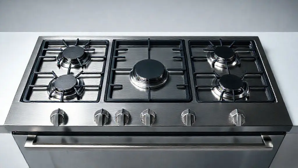 Fogão moderno de embutir, totalmente sem marca, em aço inoxidável, com 5 bocas e design minimalista em estúdio profissional.
