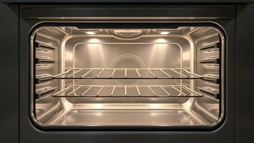 Forno de fogão moderno com porta de vidro em destaque, mostrando o interior em aço inoxidável, ideal para avaliar a qualidade e distribuição de calor.