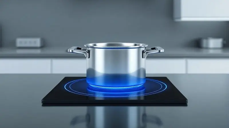 Ilustração conceitual de um campo eletromagnético azul interagindo com uma panela, representando as funcionalidades da indução.
