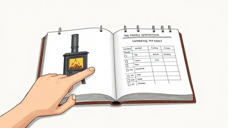 Ilustração conceitual de um guia de compra, com uma pessoa analisando critérios de escolha para o melhor fogão a lenha.