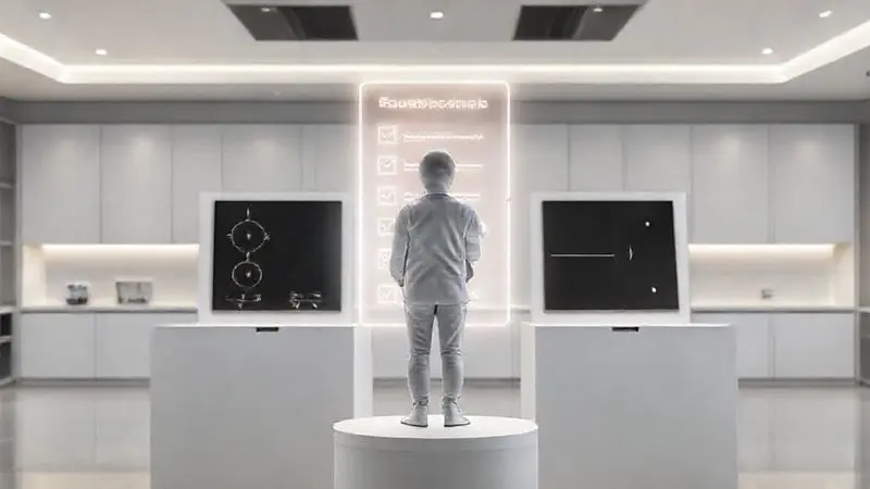 Pessoa escolhendo entre diferentes modelos de cooktops de cozinha com a ajuda de um guia de compra digital.