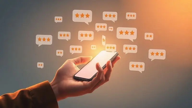 Ilustração digital de uma mão segurando um smartphone com ícones de avaliação e balões de fala flutuantes, representando a análise de reviews online.