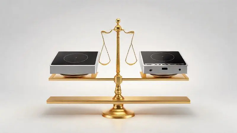 Ilustração 3D conceitual de comparação, com dois eletrodomésticos estilizados em uma balança, representando a escolha entre marcas.