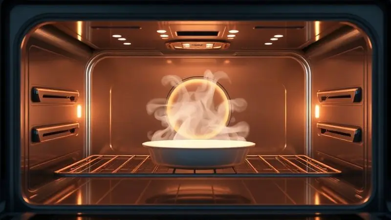 Ilustração 3D de um forno moderno com distribuição de calor uniforme, destacando tecnologia de cocção.