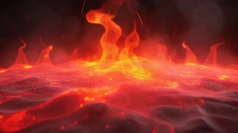 Renderização 3D conceitual de ondas de calor intensas em tons de vermelho e laranja, simbolizando alta eficiência térmica.