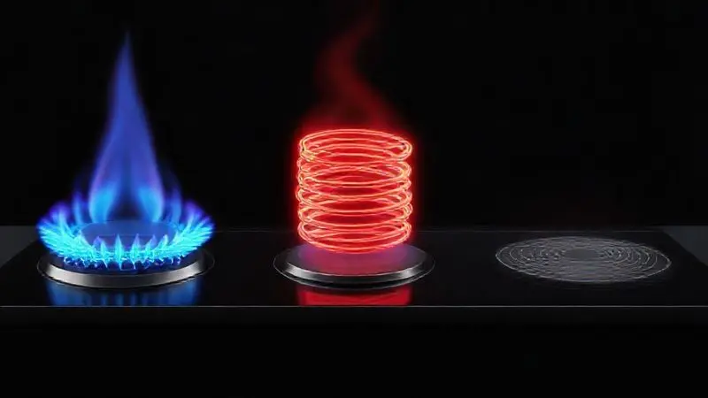 Ilustração conceitual de diferentes tipos de aquecimento: chama de gás, resistência elétrica e campo magnético de indução.