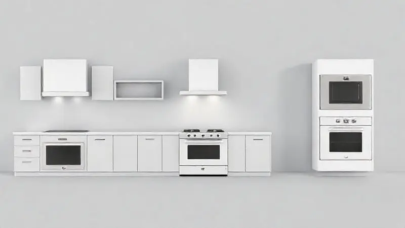 Ilustração 3D conceitual mostrando os diferentes tipos de fogões: cooktop, de piso e de embutir.