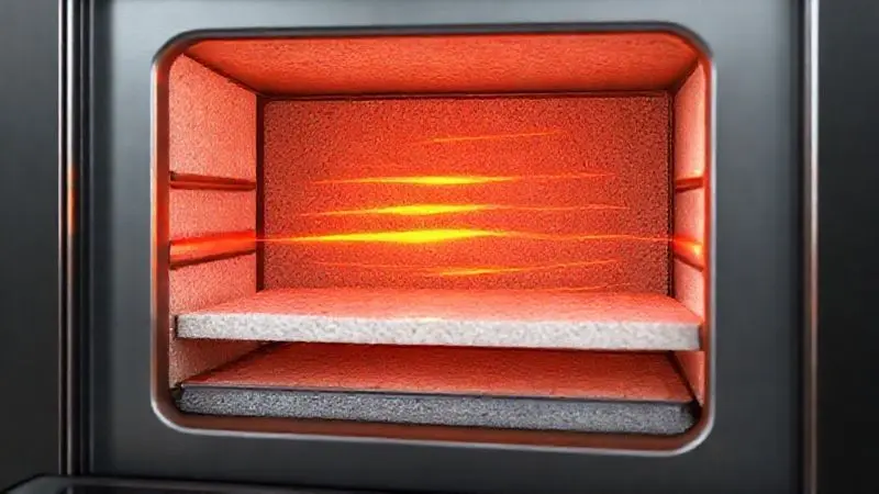Ilustração conceitual de uma seção transversal da parede do forno, mostrando o isolamento térmico ideal para reter o calor.