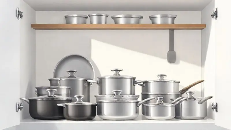 Ilustração digital de um conjunto moderno e versátil de panelas de indução organizadas em um armário de cozinha.
