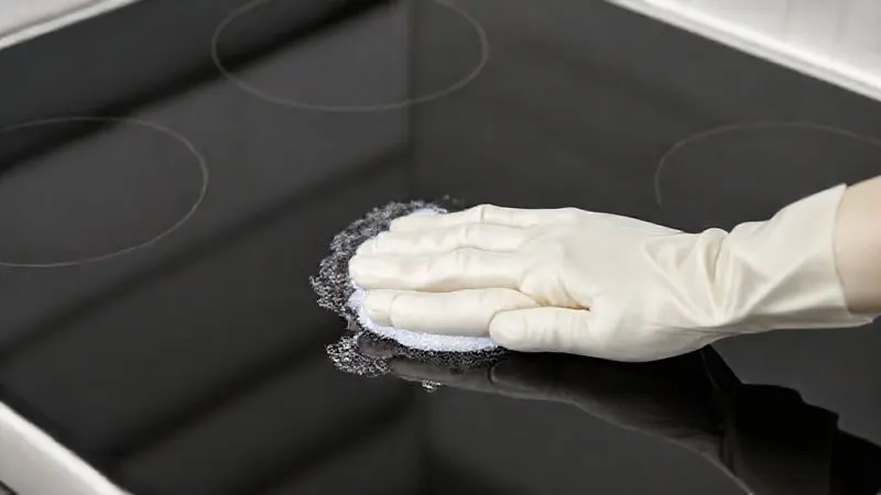 Render 3D mostrando a facilidade de limpeza de uma mesa de vidro de fogão, com uma mão limpando a superfície reflexiva.