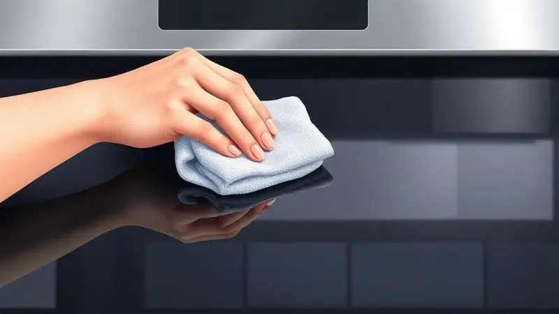 Ilustração de uma mão limpando suavemente a mesa de vidro de um fogão com um pano macio, enfatizando a facilidade de limpeza.