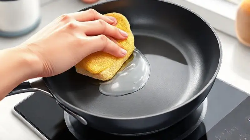 Mão limpando suavemente uma frigideira antiaderente para indução com uma esponja macia, enfatizando o cuidado.