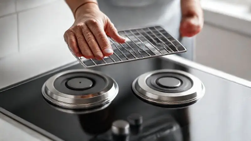 Ilustração conceitual de cuidados preventivos e manutenção em um cooktop, com remoção cuidadosa das peças.